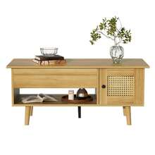 Elegant Coffee Table With Lift-Top And Rattan Doors, Wood Color With Black Accents, Ideal For The Living Room – Practical Storage Space And Functional Design. - 自然色 - 查看 1