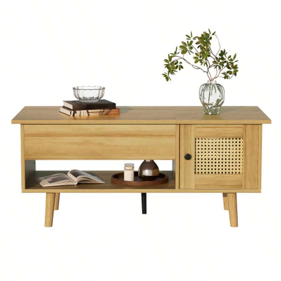 Elegant Coffee Table With Lift-Top And Rattan Doors, Wood Color With Black Accents, Ideal For The Living Room – Practical Storage Space And Functional Design. - 自然色 - 查看 1