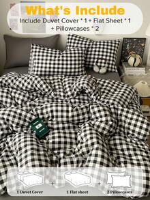 4pcs Classic Simple Japanese Black & White Plaid Duvet Cover Bedding Set, Soft & Comfortable, Removable Fiber Double-Layer Bedding (1 Duvet Cover + 1 Bed Sheet + 2 Pillowcases, Excluding Comforter & Pillow), Unisex, Bedroom Decor, Holiday Gift, Single/Double Size, Random Pillowcase Pattern - Black - View 5