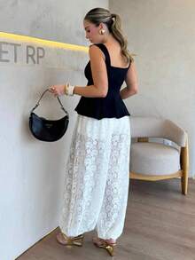 Women's Long Lace Textured Sheer See-Through Lantern Pants, Slightly Stretchy - Apricot - View 2