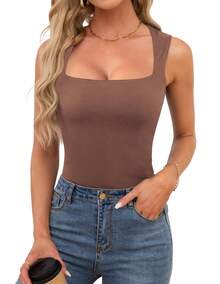 Women's Square Neck Going Out Crop Tops Double Lined Cute Basic Tank Tops 2026 Clothes, Cute Summer Solid Color Square Neck Basic Tops Slim Fit Basic Sleeveless Shirts - Màu Tím - Xem 1