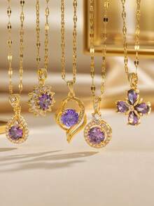 Fashionable Purple Flower Water Drop Stainless Steel Necklace For Women, With A Unique And Light Luxury Design Sense And Elegant Collarbone Chain