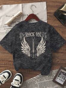 Summer New Simple Fashion Guitar Angel Wings Rock Print Casual Round Neck Tie-Dye Short Sleeve T-Shirt, Fashionable & Versatile Women Top - Black - View 3