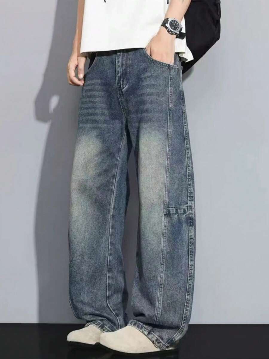 青少年男童拼接复古水洗蓝色喇叭牛仔裤，休闲宽松百搭，适合春秋季穿着 - 藍色 - 查看 1