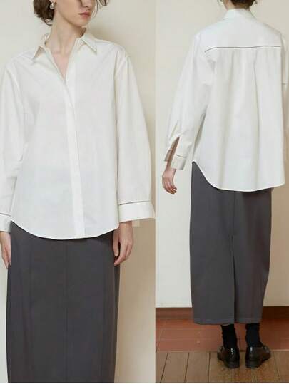 女士优雅花卉装饰长袖衬衫，适合春季穿着，白色