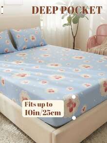 1pc Cartoon-Patterned Bed Fitted Sheet, Mattress Protector, Bed Sheet, Soft Breathable Cloud-Light, Fresh Elegant Style, With Blue-White Background And Smoky Red Cherry Patterns, Single/Double/Queen Bed Compatible, Deep Pockets (Max 9.8 Inches), Home And Dorm Use, Household Textile, Home Decoration, Valentine's Day Mattress Cover - Multicolor - View 4