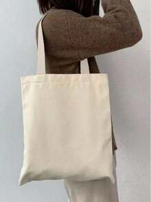 10件套女士简约帆布手提包，敞口帆布单肩包，手提包，简约书包，适合小学、中学、大学生，可作文件袋，旅行包 - 米色 - 查看 2