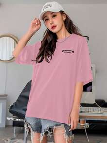 Women's Oversized Printed T-Shirt - Cheerful Paradise Phrase - Loose, Casual, Stylish, Modern, And Cool Blouse - 淺粉色 - 查看 6