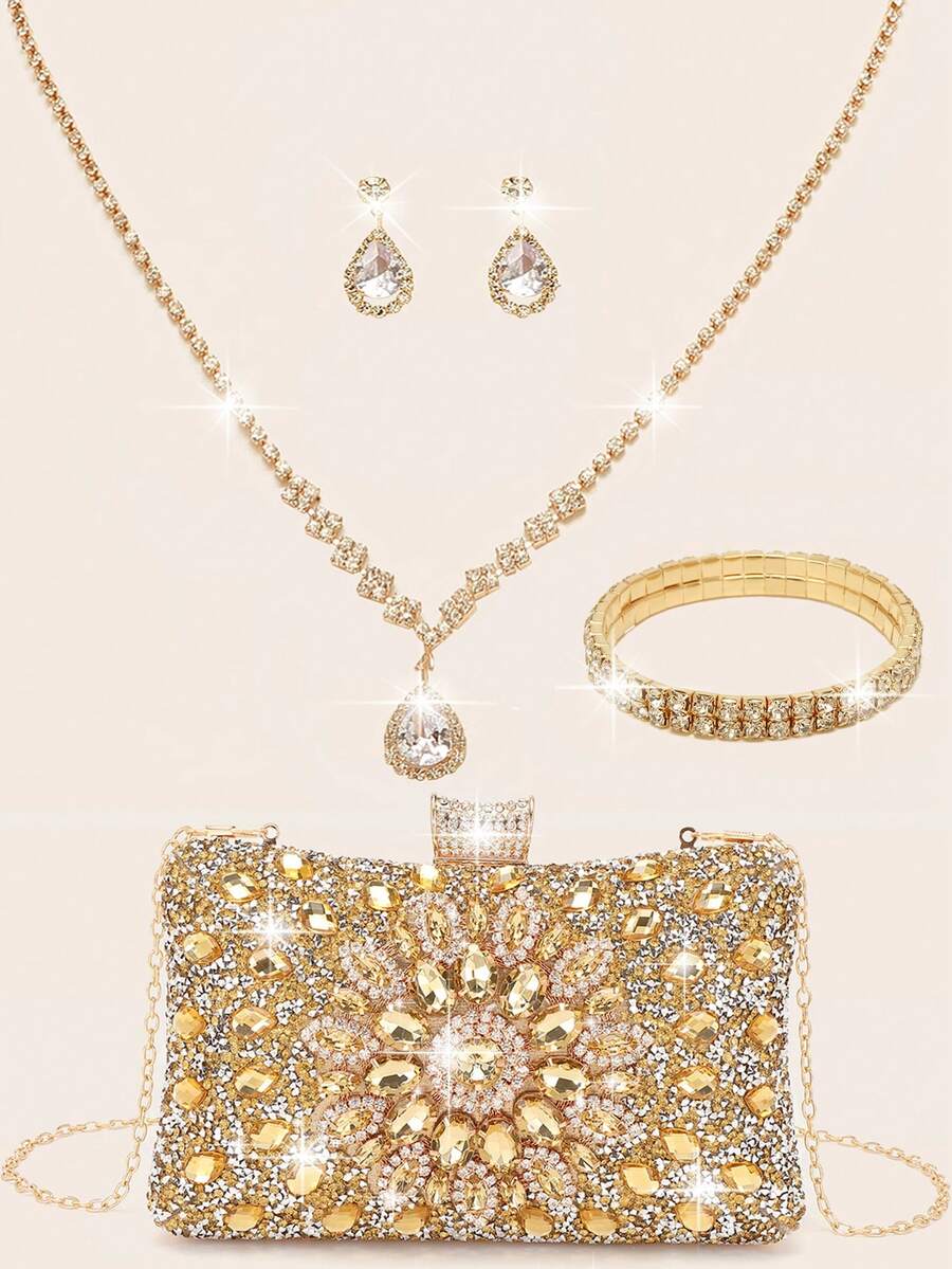 Women's Rhinestone Jewelry Set, Shiny Necklace Earrings Bracelet Set, Evening Clutch, Bridal Wedding Shiny Sunflower Crystal Glass Diamond Decor Wallet, Women's Ball Gown Bag With Detachable Metal Chain, Suitable For Wedding And Party Shoulder Bag, Women's Clutch, Women's Evening Handbag, Multifunctional Shiny Tote Bag, New Cocktail Wedding Wallet Party Bag