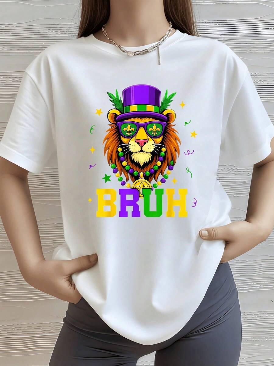 León con sombrero morado gafas con flores de lis y collar de cuentas símbolo festivo de carnaval camiseta de mujer 100% algodón 220g - Blanco - Ver 1