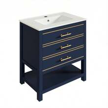 White Vanity Unit With Ceramic Basin – Freestanding Bathroom Unit With 2 Drawers And An Open Compartment, High-Quality Lacquered MDF Panel, Gold Handles, Without Tap Or Drain - Blue - View 5