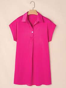 Acelitt Women's Casual Loose Pleated Button-Up Shirt Dress, Pure Rose Red, Suitable For Summer Daily Wear - Rose Red - View 6