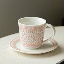 A Set Of Turkish Pink Sunflower Ceramic Cups And Saucers, Coffee Cups And Saucers, Afternoon Tea Cups And Saucers, Suitable For Daily Use, Home, Restaurant, Office, Gifts, Holiday Gifts. - Multicolor - View 2