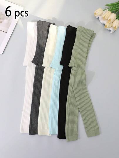 6pcs Girls' Solid Color Vertical Striped Ankle Length Leggings, Snug Fit Tights Suitable For Spring/Autumn Everyday Wear