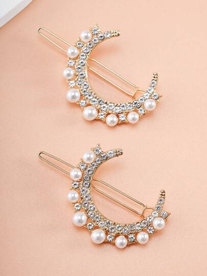 2 piezas Clips para el cabello de niña con luna de strass, clips para flequillo de perlas falsas, elegantes y lindos, adecuados para uso diario o de fiesta