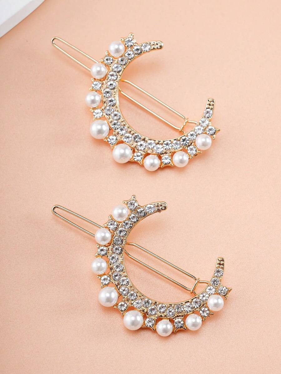 2pcs Girl's Rhinestone Moon Hair Clips, Faux Pearl Bangs Clips, Fashionable & Cute, Suitable For Daily Or Party Use - Multicolor - View 1