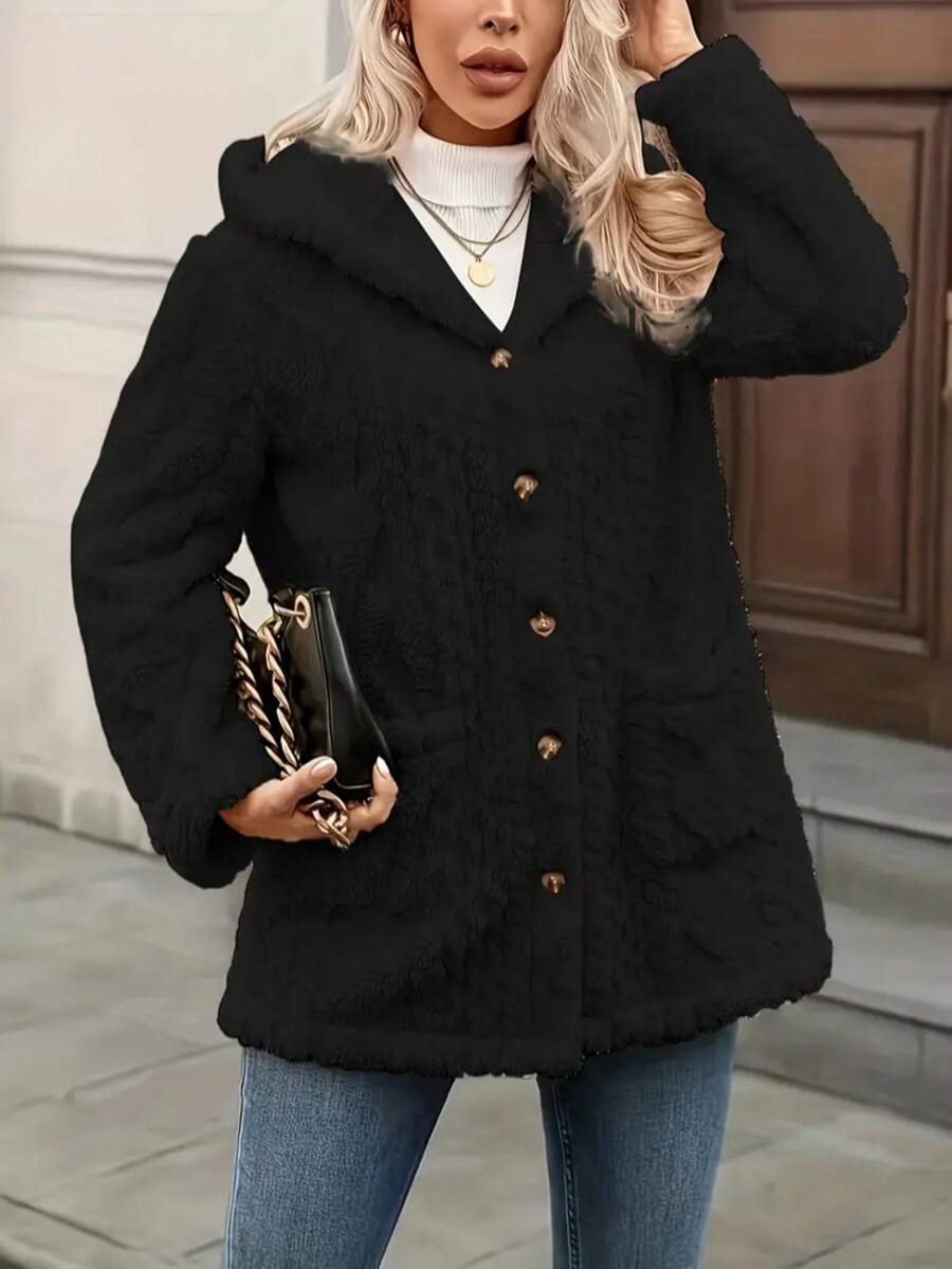 Transitional Weather Essential: Plush Textured Coat With Hood – Snug Fleece Material Keeps You Warm In Cool Early Spring Days & Chilly Winter Evenings. Designed With Functional Pockets, Classic Button Front, And A Soft, Tactile Finish For Cozy, Stylish Wear. - 黑色 - 查看 1