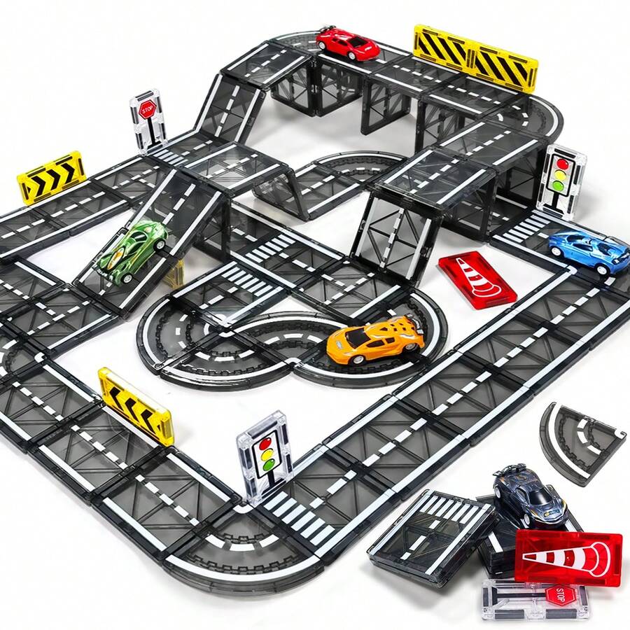 Magnetic Building Blocks Road Expansion Set, Durable Creative STEM Learning Toy, Includes Curved And Straight Racing Tracks, Suitable For Children 3 Years And Above, Preschool Sensory Learning Toy, Toddler Birthday Gift - Multicolor - View 1