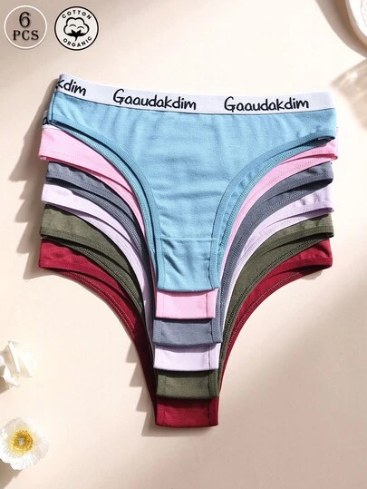 6 PCS Women's Cotton Panties Low Waist Seamless Briefs Letter Belt Underpants Soft Comfortable & Breathable Underwear For Yoga, Sports And Daily Wear