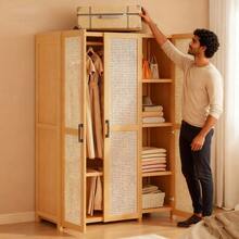 Armario Ratán 3 Puertas con Perchero y Pantalonero 90cm | Apartamentos Pequeños | Armario Multifuncional | Ahorra Espacio - Marrón - Ver 7