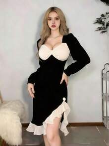 1pc Sexy Black Irregular Color Block Long Sleeve Dress, Ruffle Hem Puff Sleeve, Waist Cinching Bodycon Dress, Suitable For Photography, Graduation, Prom, Date, Valentine's Day - Multicolor - View 8