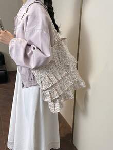 Bolso de lona con volantes en los hombros, estilo Mori, versión coreana de literatura y arte para estudiantes, bolso de lona suave para chicas, nuevo para el verano 2024 - Blanco - Ver 3