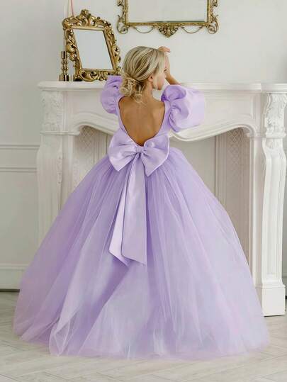 Vestido de princesa con manga abullonada, cuello en V profundo y lazo en la espalda de tul y malla para niña preadolescente, adecuado para Navidad, fiesta de cumpleaños, dama de honor, boda, baile de graduación, ocasiones festivas