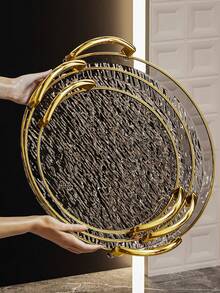 1pc PET Wavy Design Serving Tray, Round Shaped Platter, For Kitchen, Dining Table, Ramadan - الذهبي - مشاهدة 1