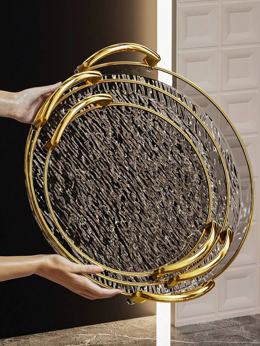 1pc PET Wavy Design Serving Tray, Round Shaped Platter, For Kitchen, Dining Table, Ramadan - الذهبي - مشاهدة 1