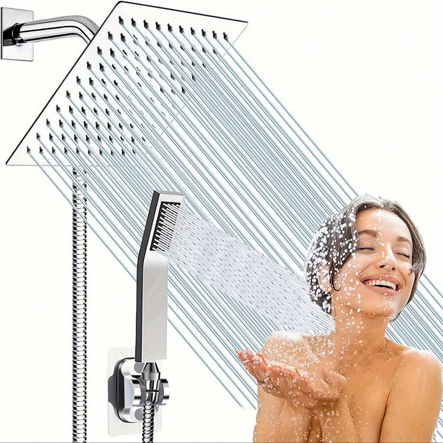 AUXOM Louis Shower Head Square Stainless Steel 304 Complete Luxury Kit With Adjustable Arm And Hand Shower - 銀色 - 查看 1