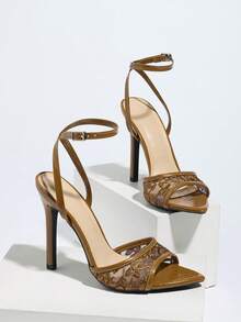 Jin Bei Qi Women's High Heel Shoes With Shiny, Breathable Mesh And Mysterious Patent Leather Material, Pointed Toe Sexy Stilettos For Spring/Summer Nightclub, High-End Party, Outdoor Fashion Events. Adjustable Ankle Strap, Brown Ladies Sandals, Elegant And Versatile High Heels To Pair With Dresses - Brown - View 8