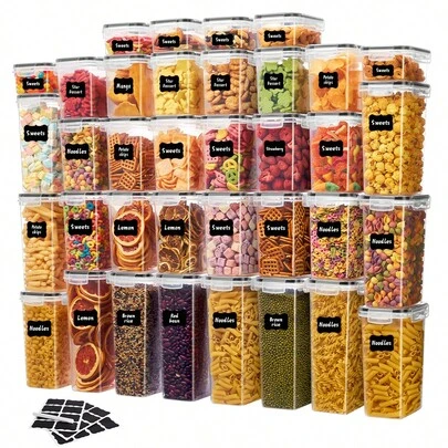 6/15/24pcs Airtight Storage Bins, Multi-Purpose Leak-Proof And Reusable Food Storage Jars, Portable And Stackable Food Airtight Bins For Cereals, Snacks, Tea And Pasta, Labels, Markers, Household Kitchen Items,Storage Containers