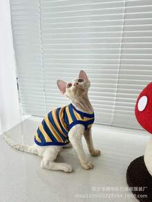 Hairless Cat Devon Rex Striped Vest, Small/Medium Pet Clothing, Machine Washable For Home Wear - Blue - View 5