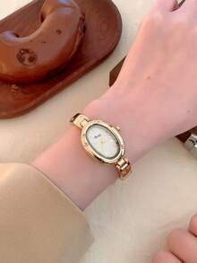 1pc Women's Oval Silver-Black Dial Gold-Tone Quartz Casual Watch, Suitable For Daily Wear - White - View 9