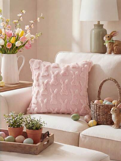 1个复活节兔子粉色抱枕套，兔子图案柔软毛绒仿毛皮提花靠垫套，适用于沙发装饰，复活节礼物送给家人和朋友