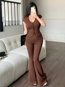 abyoxi Bộ đồ nữ màu nâu, phối ren, tay ngắn cổ chữ V, cài cúc một hàng, dáng ôm gồm áo thun và quần ống loe, kiểu dáng thanh lịch cổ điển, thường ngày, phù hợp đi làm, hẹn hò, dạo phố, áo thun dệt kim gân và quần dài, thích hợp cho mùa xuân hè. - màu nâu - Xem 7