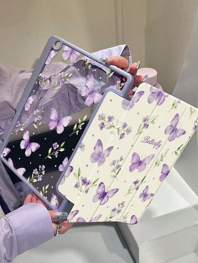 A Cute Cartoon Anime Purple Butterfly Flower Letter Pattern Double-Sided Colorful Acrylic Transparent Crystal Back Cover, Shock-Proof, Suitable For IPad 7th, 8th, 10th Generation (10.2 Inch), Built-In Pencil Slot, Support Sleep/Wake Function, Ideal Christmas And New Year Gift