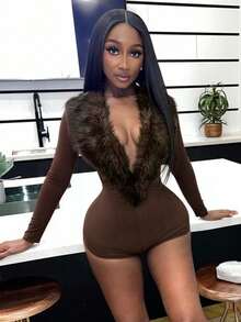 Women's Sexy Fur Collar Deep V-Neck Long Sleeved Tight Jumpsuit Slim Fit Shorts Enterizo Para Mujer Mono Para Mujer One Piece Jumpsuit Rompers Bodysuits Full Body Suit Gift For Valentine's Day And Graduation Party Birthday Celebrations Back-To-School Night Date - 棕色 - 查看 3