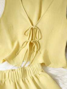 2pcs/Set Solid Color Casual Knotted Women Outfit, Spring/Summer Elegant - Pale Yellow - View 4