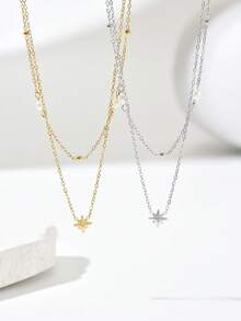 1pc Fashionable Double-Layer Hexagram Rhinestone & Pearl Stainless Steel Necklace, 18K Gold Plated Versatile Elegant Choker, Suitable Gift For Women, Valentine's Day, Mother's Day - Silver - View 3