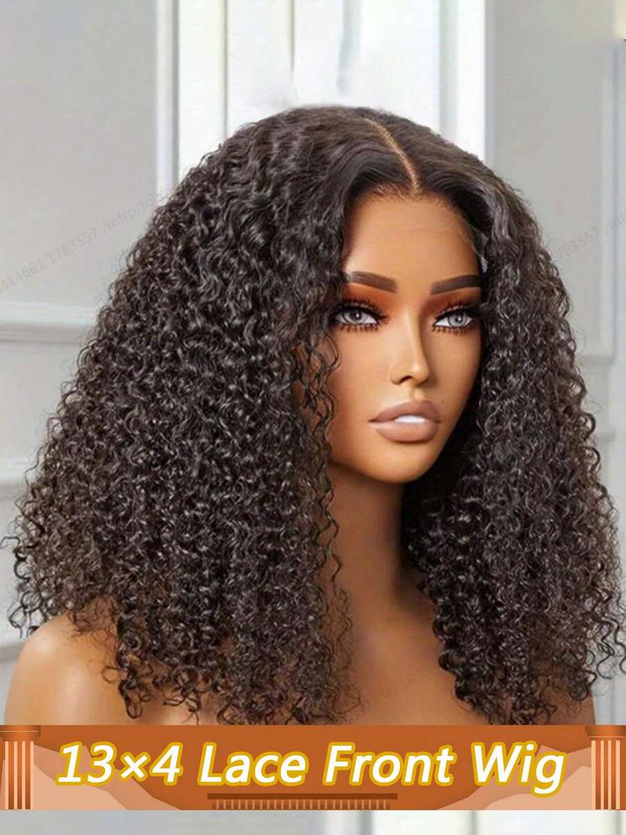 杰瑞卷发蕾丝前假发，深卷曲真人发假发，透明蕾丝前假发，预先拔毛，女士款，200%密度 - Natural Black - 查看 1