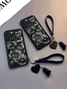 新款高端质感加厚防摔唇纹手机壳，配可拆卸皮革心形腕带，DIY手机挂饰，流苏吊坠手链，兼容 17 Pro Max/17/16/15 Pro Max/15 Plus/15 Pro/15/14 Pro Max/14 Plus/14 Pro/14/13 Pro Max/Pro Max/12 Pro Max/12 Pro/12/11 Pro Max/11 - 彩色 - 查看 3