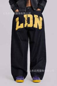 Women's Street Style Printed Straight-Leg Jeans, FOG-Inspired Loose-Fit Denim Pants For Streetwear, Daily Casual & Urban Outfits - 黑色 - 查看 7