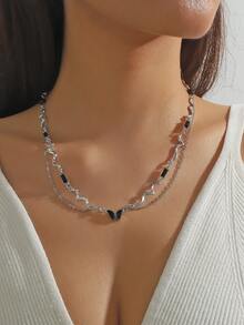 1件优雅别致的黑色蝴蝶创意百搭时尚项链，蝴蝶链项链，适合女性日常、派对、活动、约会等场合搭配首饰。 - 銀色 - 查看 2