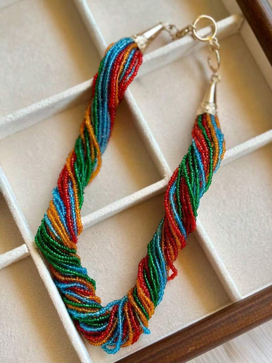 1pc Bohemian Multi-Layer Beaded Necklace, Fashionable Collarbone Chain, Retro Luxurious Elegant Necklace Accessory - Multicolor - View 1