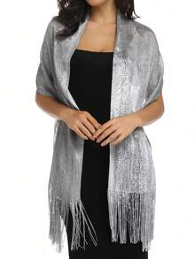 1件伊斯兰头巾包头巾时尚亮丽大披肩沙滩巾防晒披肩头巾金银色闪亮围巾女士蕾丝流苏派对晚礼服围巾 - 彩色 - 查看 4