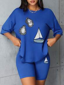 Women's Fashionable Versatile Short Sleeve T-Shirt And Leggings Set, Ocean Sailing Boat Pattern - Royal Blue - View 2