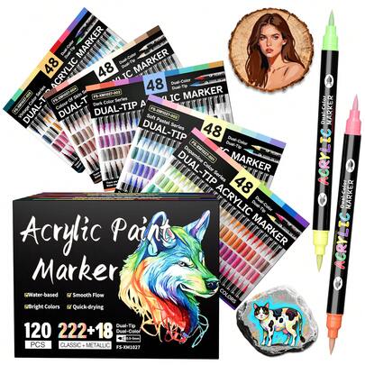 48 Colors Dual Tip Acrylic Paint Markers Set, Durable & Fade-Resistant, Suitable For Artists Painting, Illustration, Crafts, Coloring Books, DIY Projects On Paper, Fabric, Wood, Stone, Plastic, Glass, Ceramic, Pumpkin, For Students & Adults, Great Gift For Thanksgiving, Halloween, Christmas
