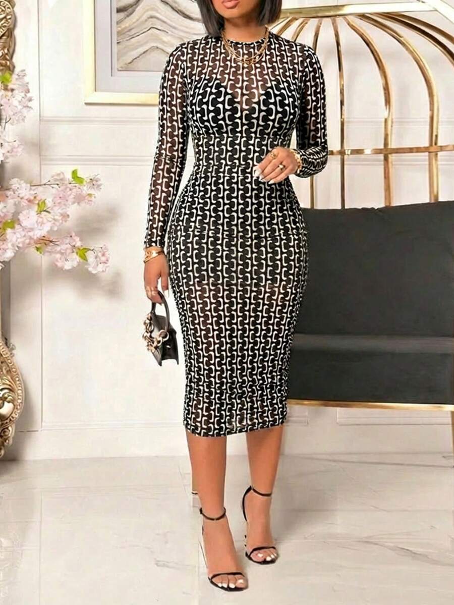 ChicMe 女士两件套复古链条印花高领长袖拉链露背透视网纱修身中长连衣裙套装，含V领吊带裙，性感派对商务装扮，优雅 - 黑色 - 查看 1