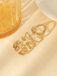 3pcs/Set Minimalist Open Ring Set In Gold Tone - Geometric Textured Jewelry, Suitable For Everyday/Casual Wear - Gold - View 4